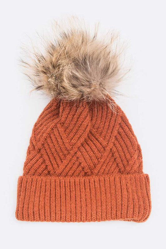 Raised Knit Raccoon Fur Pom Beanie Hat