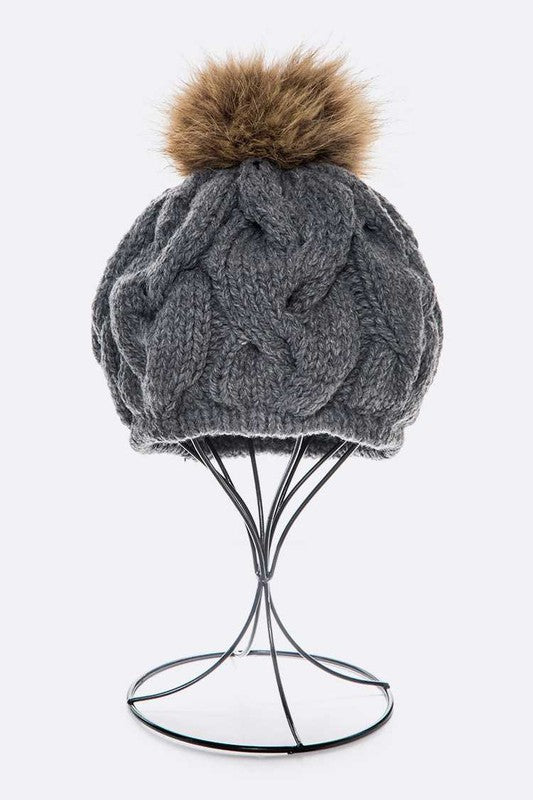 EMMEZ Cable Knit Natural Raccoon Fur Pom Beret Hat