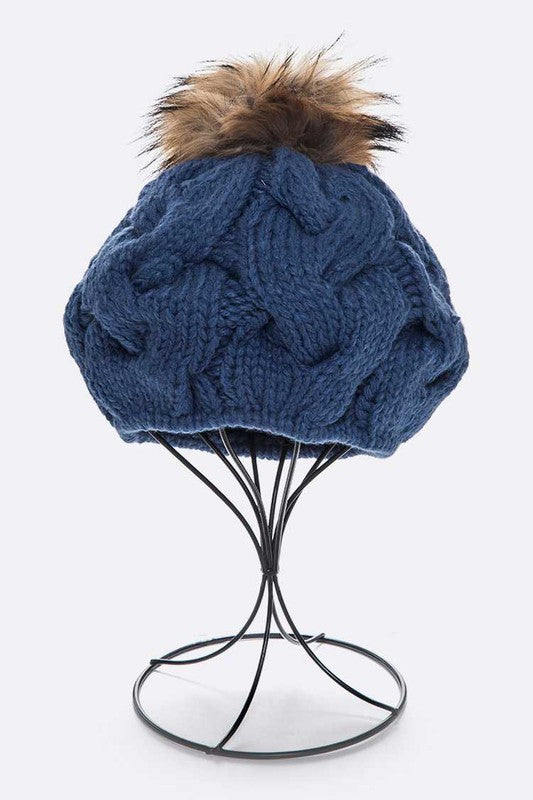 EMMEZ Cable Knit Natural Raccoon Fur Pom Beret Hat