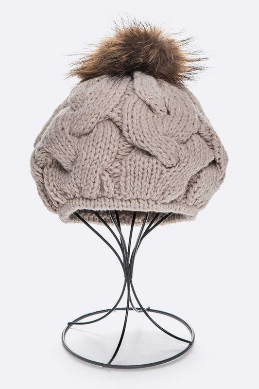 EMMEZ Cable Knit Natural Raccoon Fur Pom Beret Hat