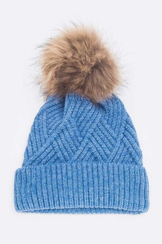 Raised Knit Raccoon Fur Pom Beanie Hat
