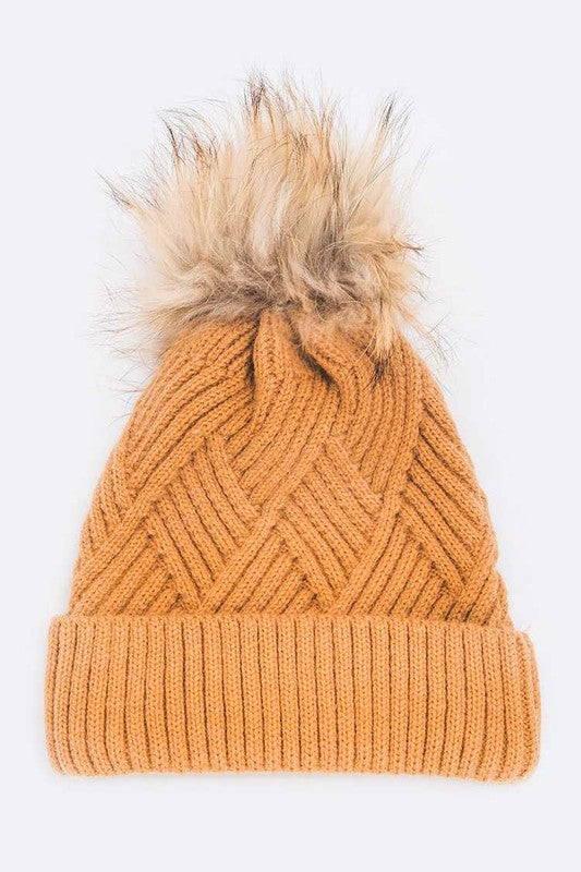 Raised Knit Raccoon Fur Pom Beanie Hat